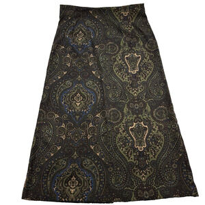 Vintage 90s Briggs Brown Green Polyester Faux Suede Paisley Maxi Skirt 10P 29x32